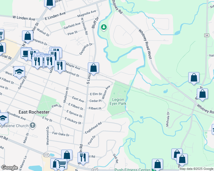 map of restaurants, bars, coffee shops, grocery stores, and more near 337 East Commercial Street in East Rochester