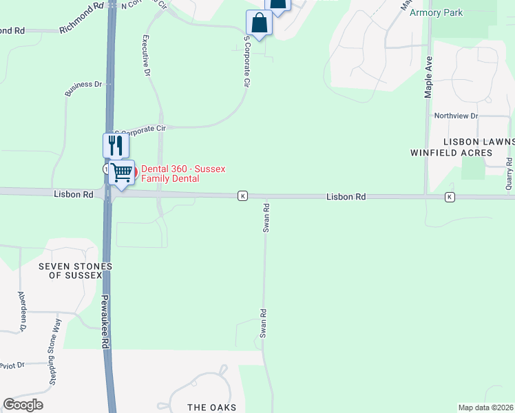 map of restaurants, bars, coffee shops, grocery stores, and more near W245N5191 Swan Road in Pewaukee