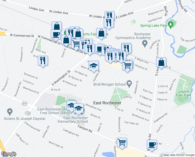 map of restaurants, bars, coffee shops, grocery stores, and more near 139 West Filbert Street in East Rochester