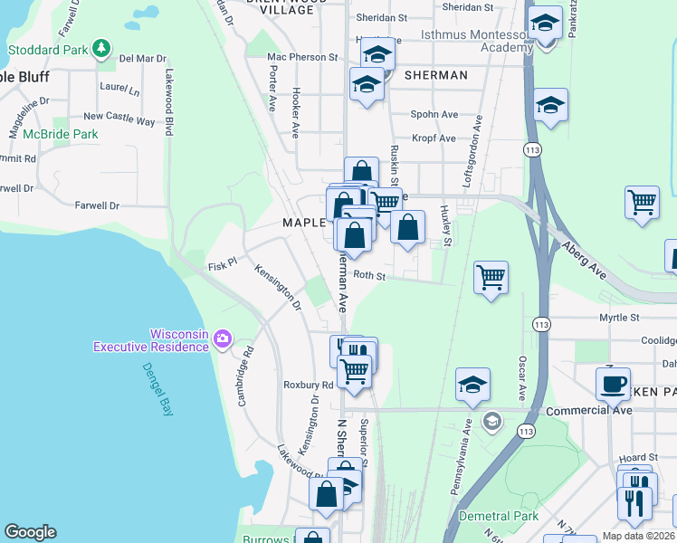 map of restaurants, bars, coffee shops, grocery stores, and more near 1100 North Sherman Avenue in Madison