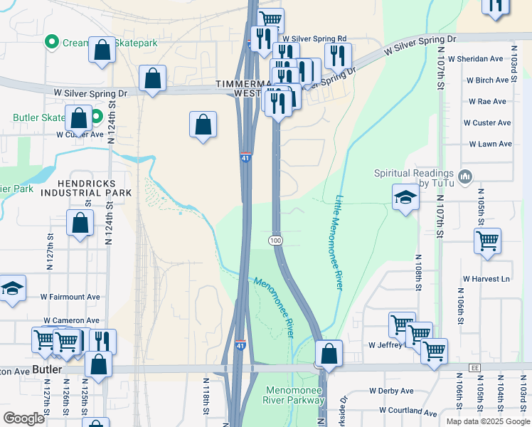 map of restaurants, bars, coffee shops, grocery stores, and more near 5167 Wisconsin 100 in Milwaukee