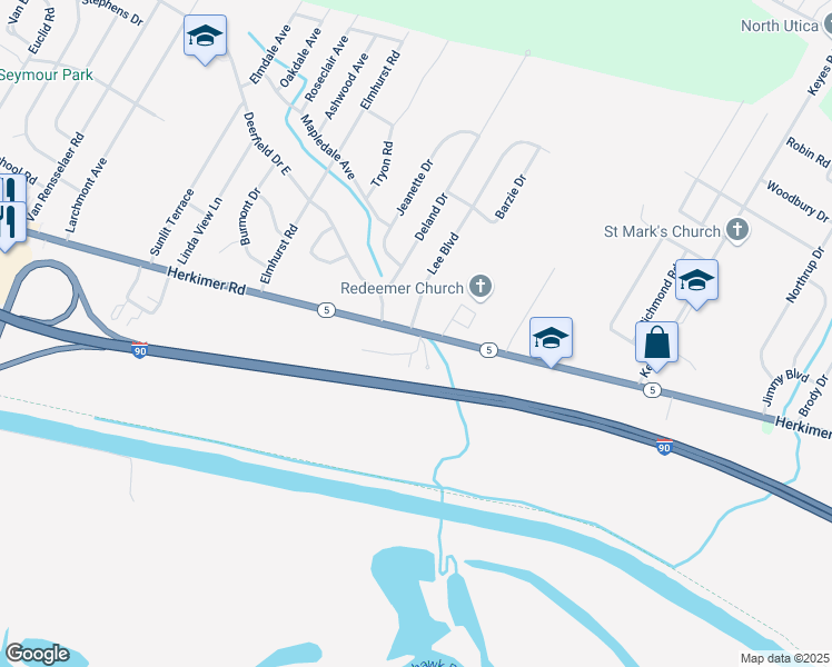 map of restaurants, bars, coffee shops, grocery stores, and more near 2 Sunnybrook Lane in Utica