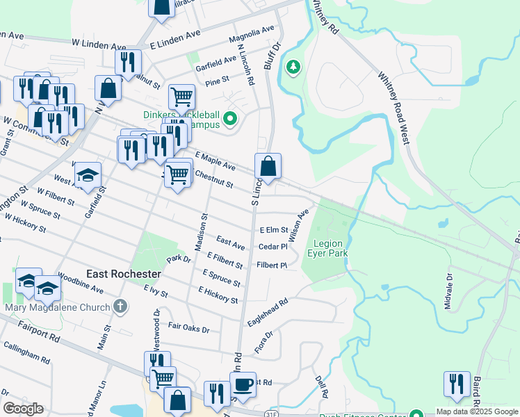 map of restaurants, bars, coffee shops, grocery stores, and more near 212 County Road 36 in East Rochester