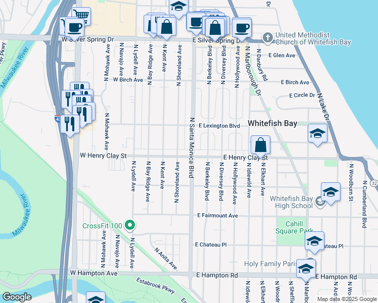 map of restaurants, bars, coffee shops, grocery stores, and more near 220 East Henry Clay Street in Whitefish Bay
