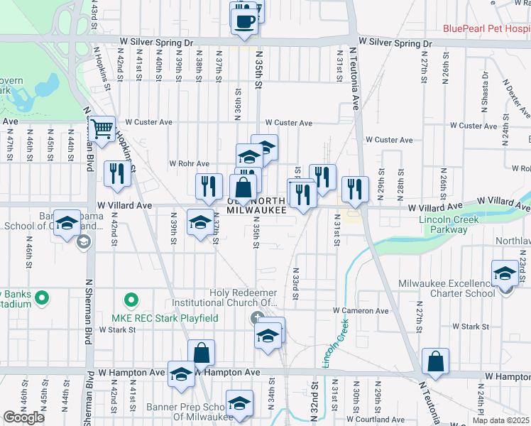 map of restaurants, bars, coffee shops, grocery stores, and more near 3401 West Villard Avenue in Milwaukee