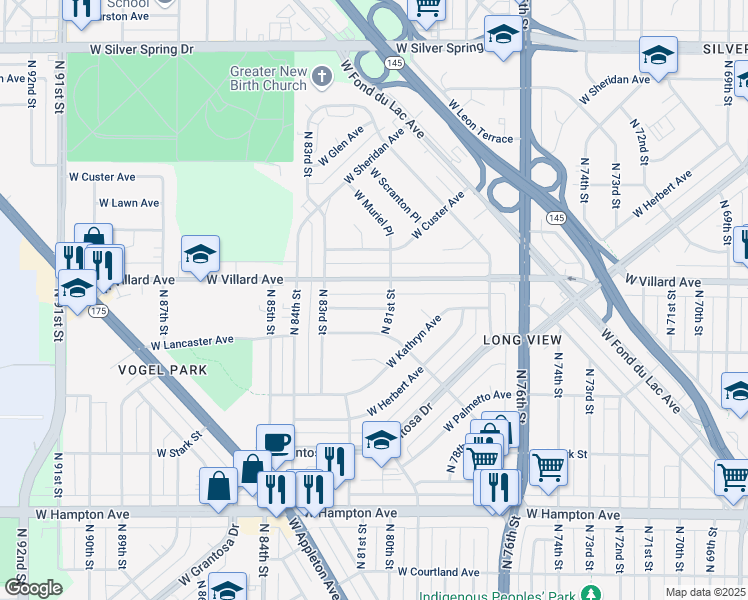 map of restaurants, bars, coffee shops, grocery stores, and more near 8122 West Eggert Place in Milwaukee