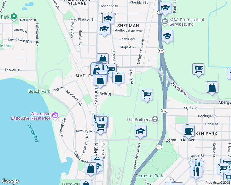 map of restaurants, bars, coffee shops, grocery stores, and more near 1806 Roth Street in Madison