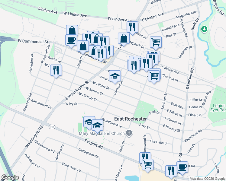 map of restaurants, bars, coffee shops, grocery stores, and more near 210 West Filbert Street in East Rochester