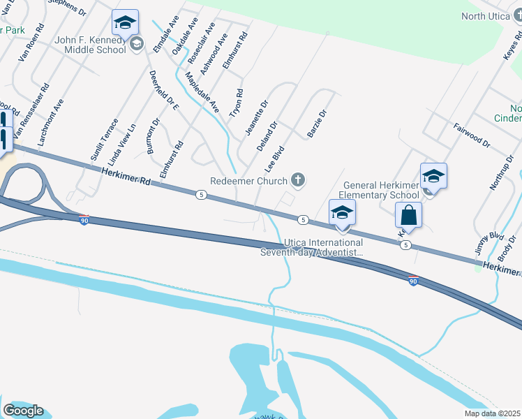 map of restaurants, bars, coffee shops, grocery stores, and more near Herkimer Road in Utica