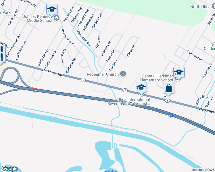map of restaurants, bars, coffee shops, grocery stores, and more near Herkimer Road in Utica