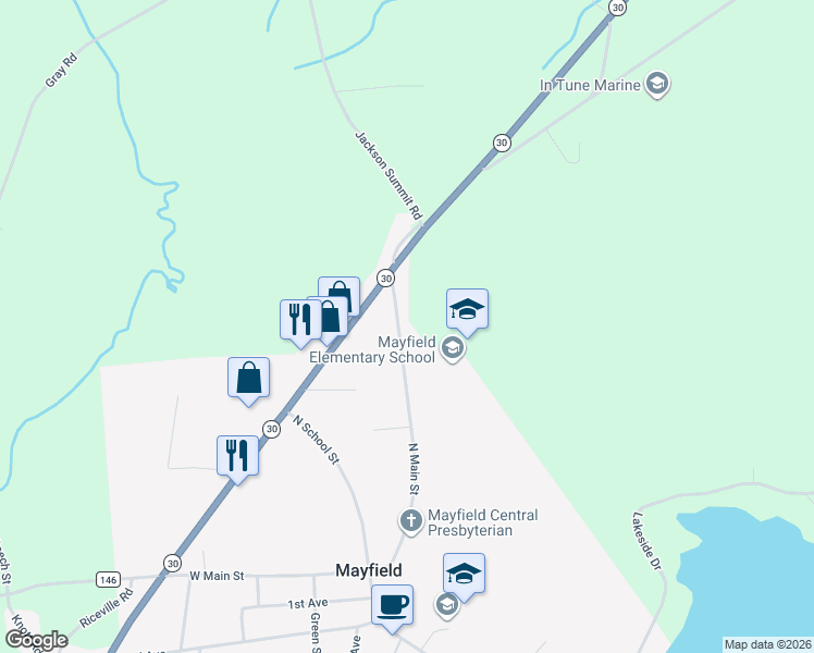 map of restaurants, bars, coffee shops, grocery stores, and more near 92 North Main Street in Mayfield