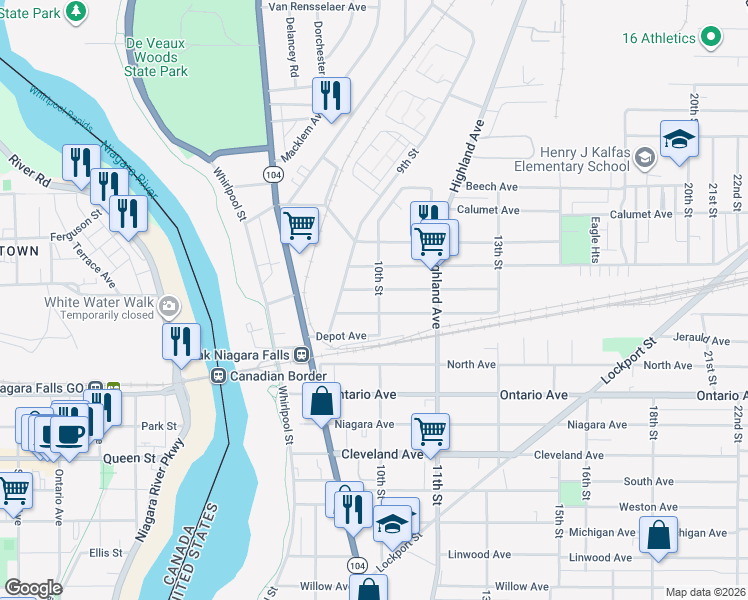 map of restaurants, bars, coffee shops, grocery stores, and more near 2514 10th St in Niagara Falls