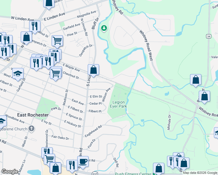map of restaurants, bars, coffee shops, grocery stores, and more near 337 East Commercial Street in East Rochester