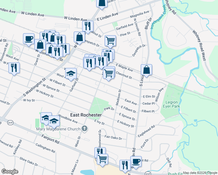 map of restaurants, bars, coffee shops, grocery stores, and more near 122 East Elm Street in East Rochester
