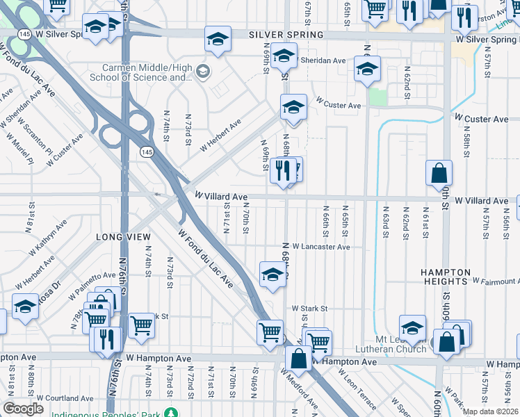 map of restaurants, bars, coffee shops, grocery stores, and more near 5171 North 69th Street in Milwaukee
