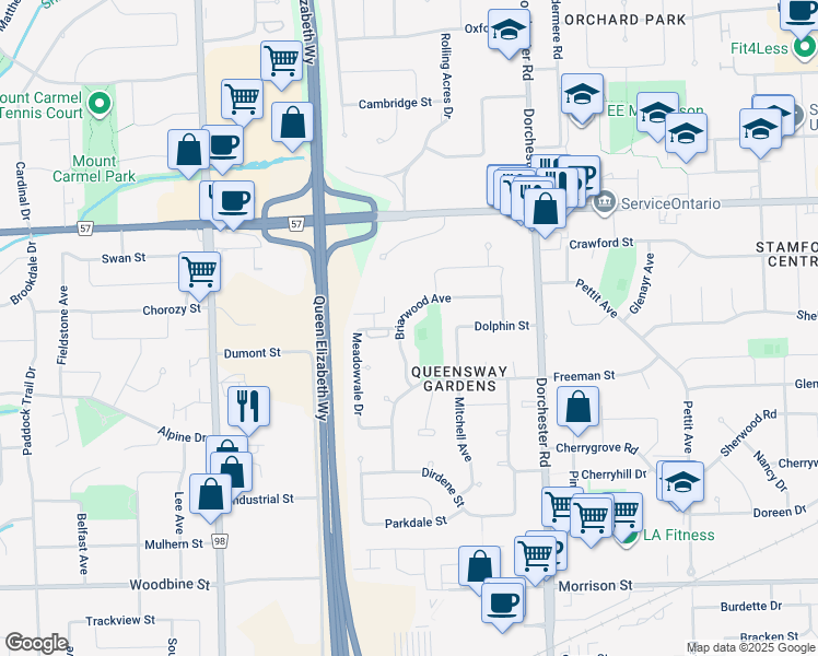 map of restaurants, bars, coffee shops, grocery stores, and more near 4240 Briarwood Avenue in Niagara Falls