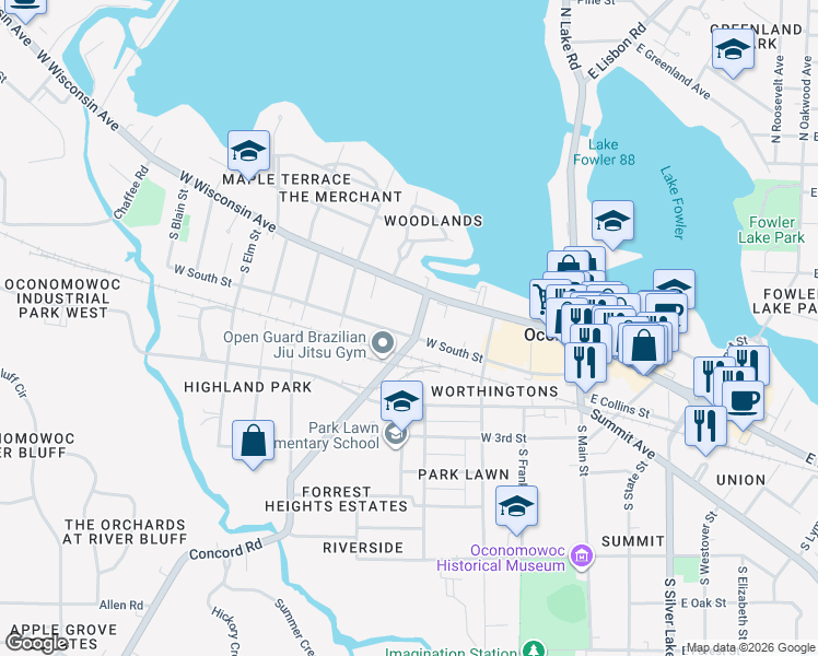 map of restaurants, bars, coffee shops, grocery stores, and more near 46 South Concord Road in Oconomowoc