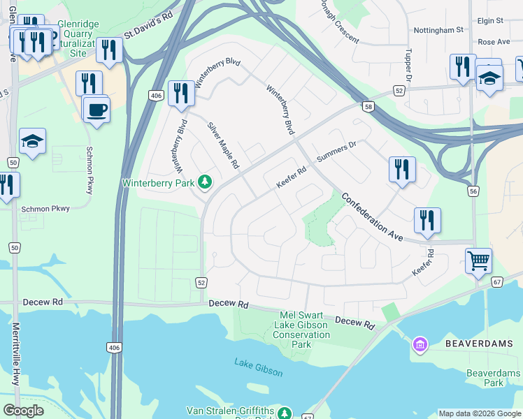 map of restaurants, bars, coffee shops, grocery stores, and more near 86 Baxter Crescent in Thorold