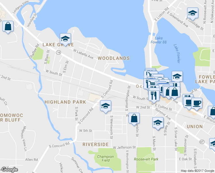 map of restaurants, bars, coffee shops, grocery stores, and more near 46 South Concord Road in Oconomowoc
