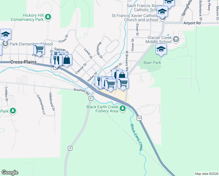 map of restaurants, bars, coffee shops, grocery stores, and more near 2306 County Road P in Cross Plains