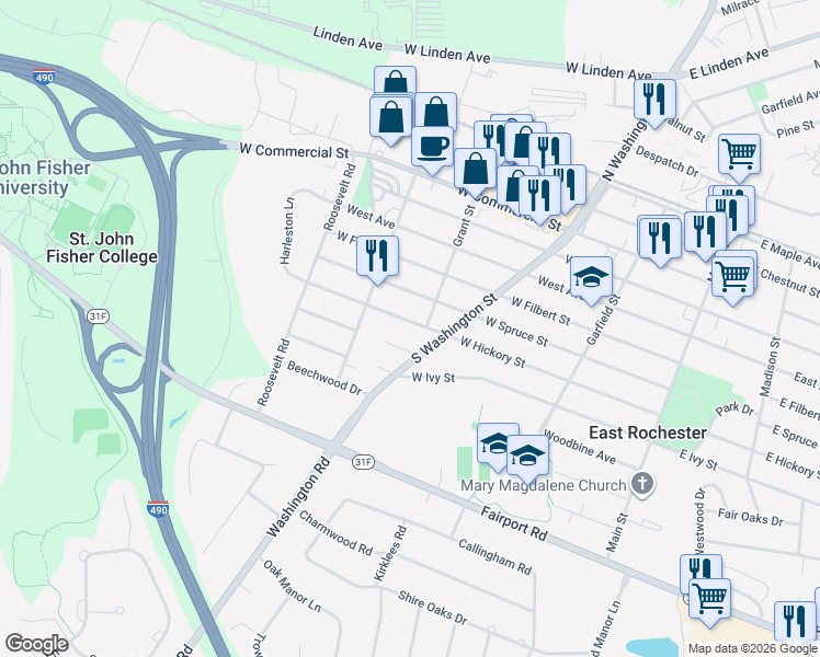 map of restaurants, bars, coffee shops, grocery stores, and more near 408 West Hickory Street in East Rochester