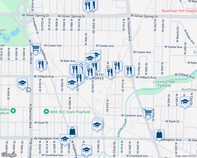 map of restaurants, bars, coffee shops, grocery stores, and more near 3401 West Villard Avenue in Milwaukee