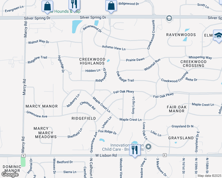 map of restaurants, bars, coffee shops, grocery stores, and more near N51W16948 Fair Oak Parkway in Menomonee Falls