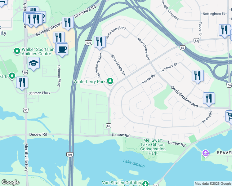 map of restaurants, bars, coffee shops, grocery stores, and more near Manley Crescent in Thorold