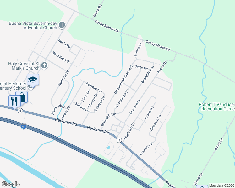 map of restaurants, bars, coffee shops, grocery stores, and more near 417 Woodburne Drive in Utica