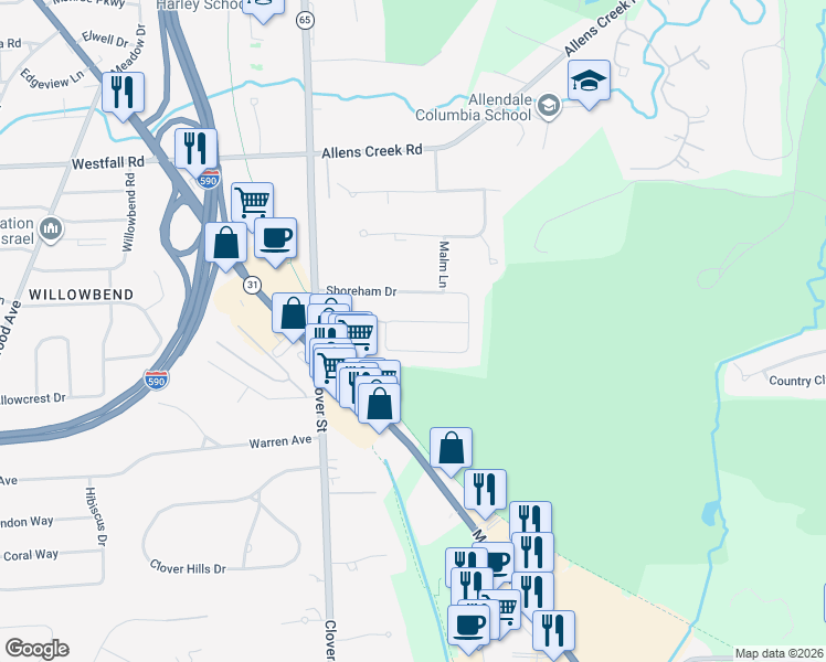 map of restaurants, bars, coffee shops, grocery stores, and more near 118 Pickwick Drive in Rochester