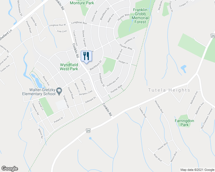 map of restaurants, bars, coffee shops, grocery stores, and more near 63 Hollinrake Avenue in Brantford