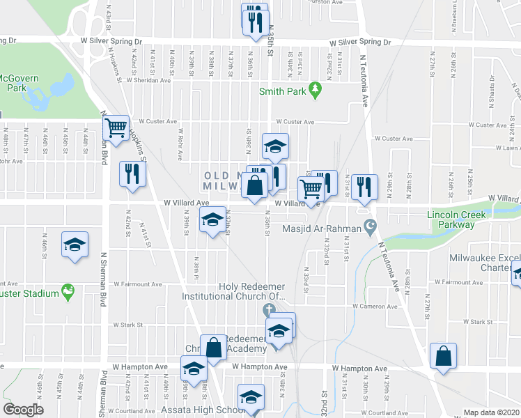 map of restaurants, bars, coffee shops, grocery stores, and more near 3511 West Villard Avenue in Milwaukee