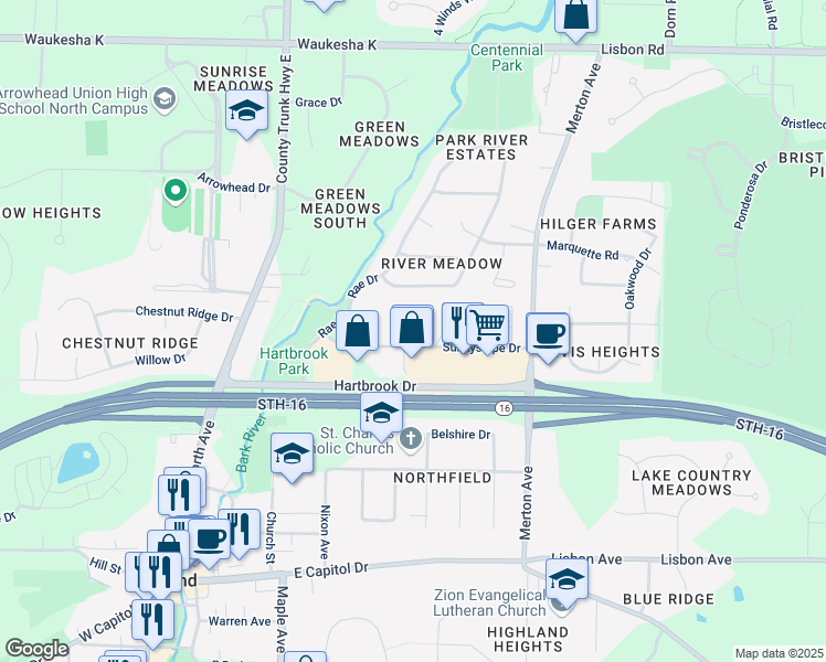 map of restaurants, bars, coffee shops, grocery stores, and more near 496 Sunnyslope Drive in Hartland