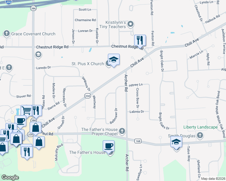 map of restaurants, bars, coffee shops, grocery stores, and more near 10 Bellmawr Drive in Rochester