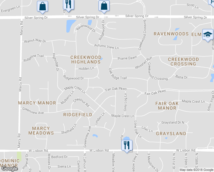 map of restaurants, bars, coffee shops, grocery stores, and more near N51W16948 Fair Oak Parkway in Menomonee Falls