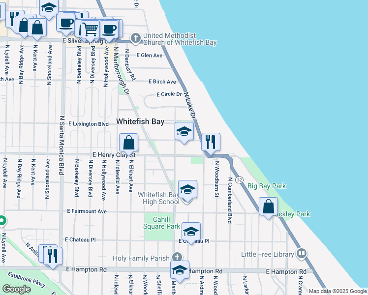map of restaurants, bars, coffee shops, grocery stores, and more near 1144 East Henry Clay Street in Whitefish Bay