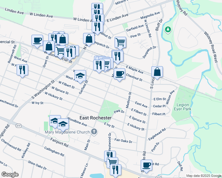 map of restaurants, bars, coffee shops, grocery stores, and more near 420 Main Street in East Rochester