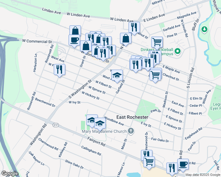 map of restaurants, bars, coffee shops, grocery stores, and more near 601 Garfield Street in East Rochester