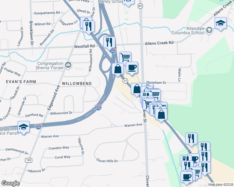 map of restaurants, bars, coffee shops, grocery stores, and more near 44 Clover Park Drive in Brighton