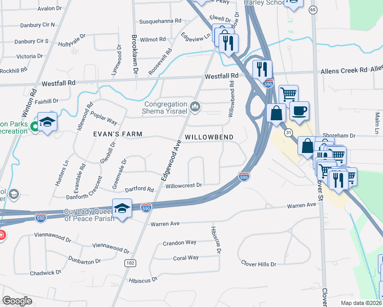 map of restaurants, bars, coffee shops, grocery stores, and more near 390 Edgewood Avenue in Rochester