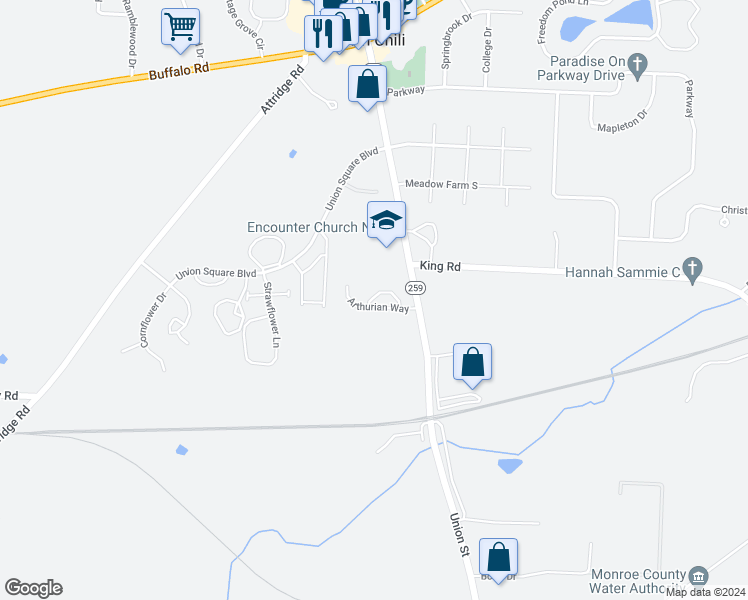 map of restaurants, bars, coffee shops, grocery stores, and more near 27 Roundtable Way in Monroe County