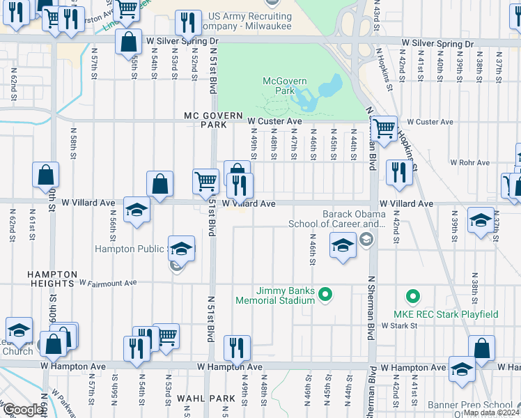 map of restaurants, bars, coffee shops, grocery stores, and more near 5158 North 49th Street in Milwaukee