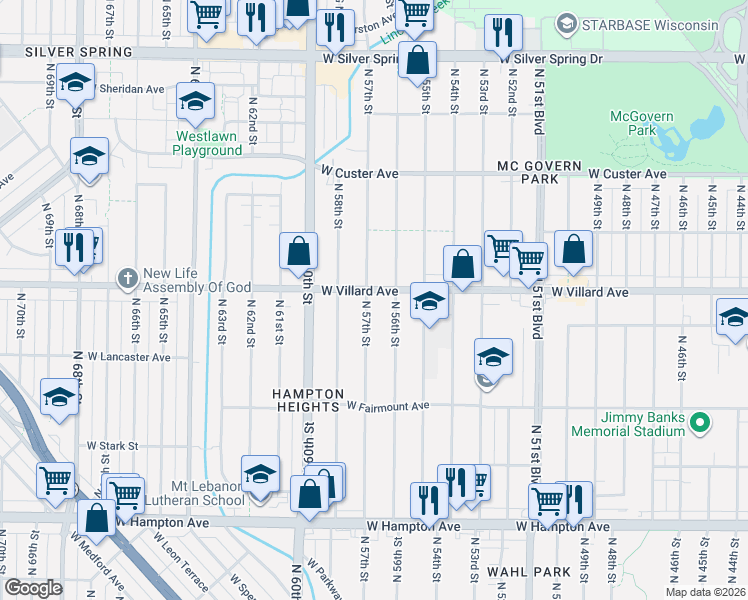 map of restaurants, bars, coffee shops, grocery stores, and more near 5157 North 57th Street in Milwaukee