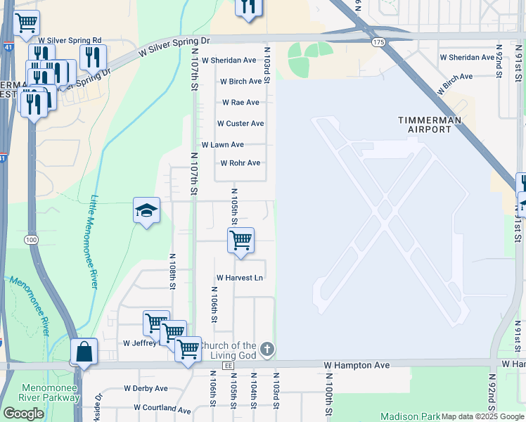 map of restaurants, bars, coffee shops, grocery stores, and more near 10305 West Villard Avenue in Milwaukee