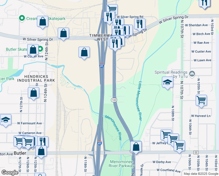 map of restaurants, bars, coffee shops, grocery stores, and more near 5167 Wisconsin 100 in Milwaukee