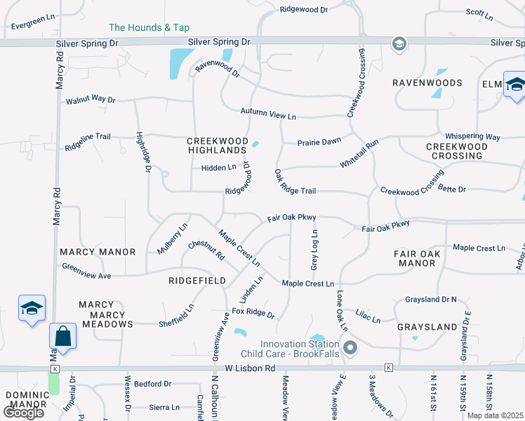 map of restaurants, bars, coffee shops, grocery stores, and more near N51W16948 Fair Oak Parkway in Menomonee Falls