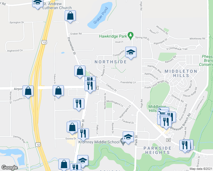 map of restaurants, bars, coffee shops, grocery stores, and more near 7402 Century Avenue in Middleton