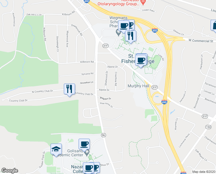 map of restaurants, bars, coffee shops, grocery stores, and more near 76 Shelwood Drive in Rochester