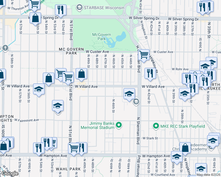 map of restaurants, bars, coffee shops, grocery stores, and more near 4611 West Villard Avenue in Milwaukee