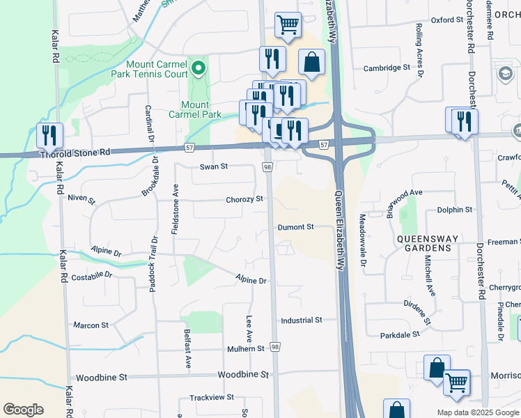 map of restaurants, bars, coffee shops, grocery stores, and more near 4205 Montrose Road in Niagara Falls